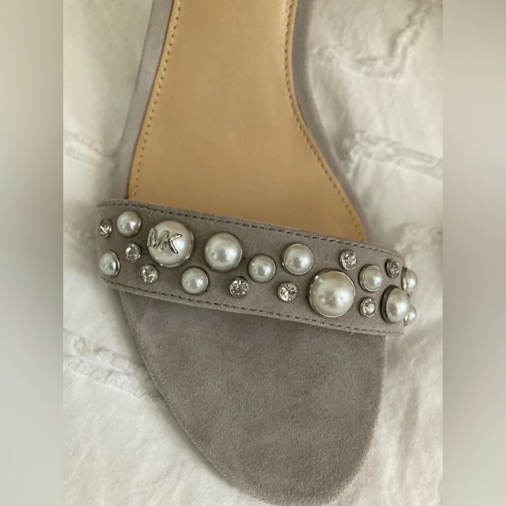 Michael Kors Gray Suede Pearl-Embellished Ankle Strap Heels